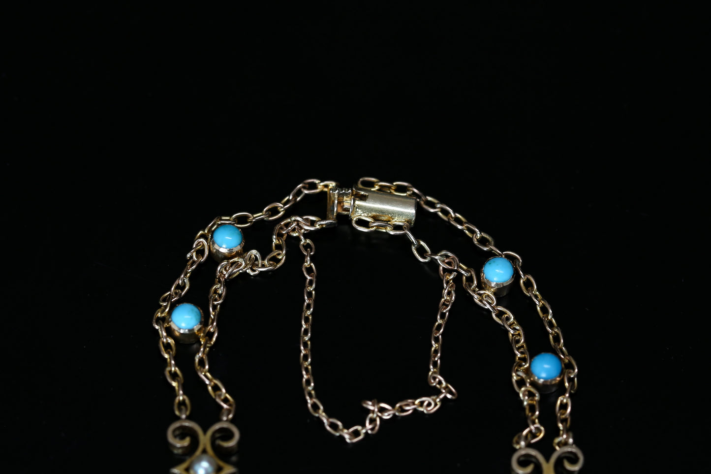 0047_アンティーク ターコイズとシードパールのフローラルクラスターブレスレット
